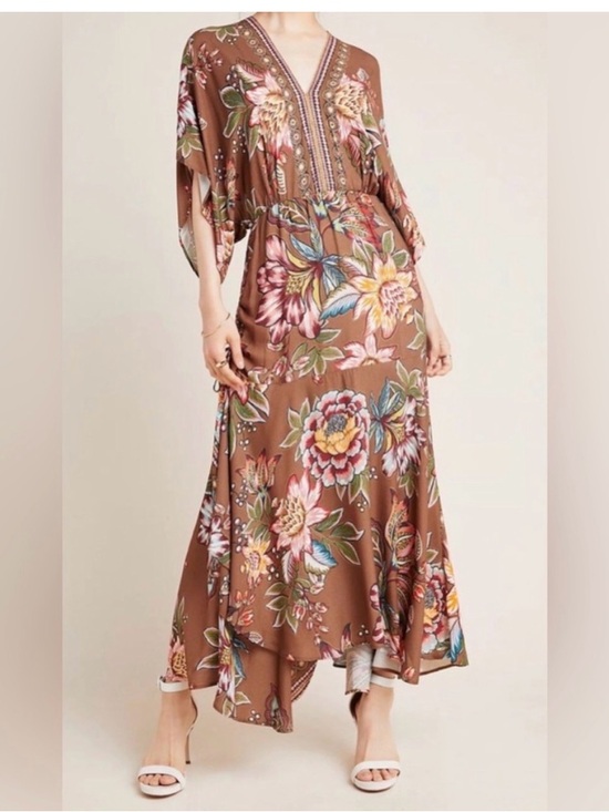 FARM Rio Dresses & Skirts - Farm Rio Anthropologie Valentina Floral Maxi Dress Brown Boho Kimono Sleeve Sz S